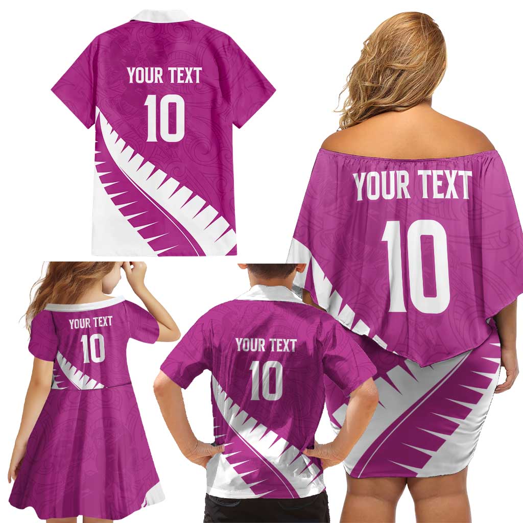 Custom New Zealand Cricket Family Matching Off Shoulder Short Dress and Hawaiian Shirt Kiwi Birds Haka Dance Pink Fern Sporty Style LT03 - Polynesian Pride