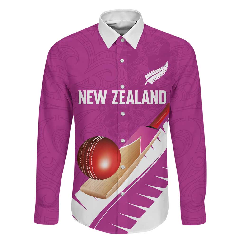 Custom New Zealand Cricket Family Matching Off Shoulder Short Dress and Hawaiian Shirt Kiwi Birds Haka Dance Pink Fern Sporty Style LT03 Dad's Shirt - Long Sleeve Pink - Polynesian Pride