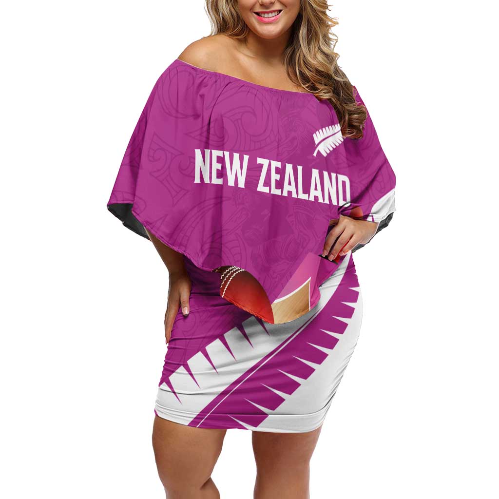 Custom New Zealand Cricket Family Matching Off Shoulder Short Dress and Hawaiian Shirt Kiwi Birds Haka Dance Pink Fern Sporty Style LT03 Mom's Dress Pink - Polynesian Pride