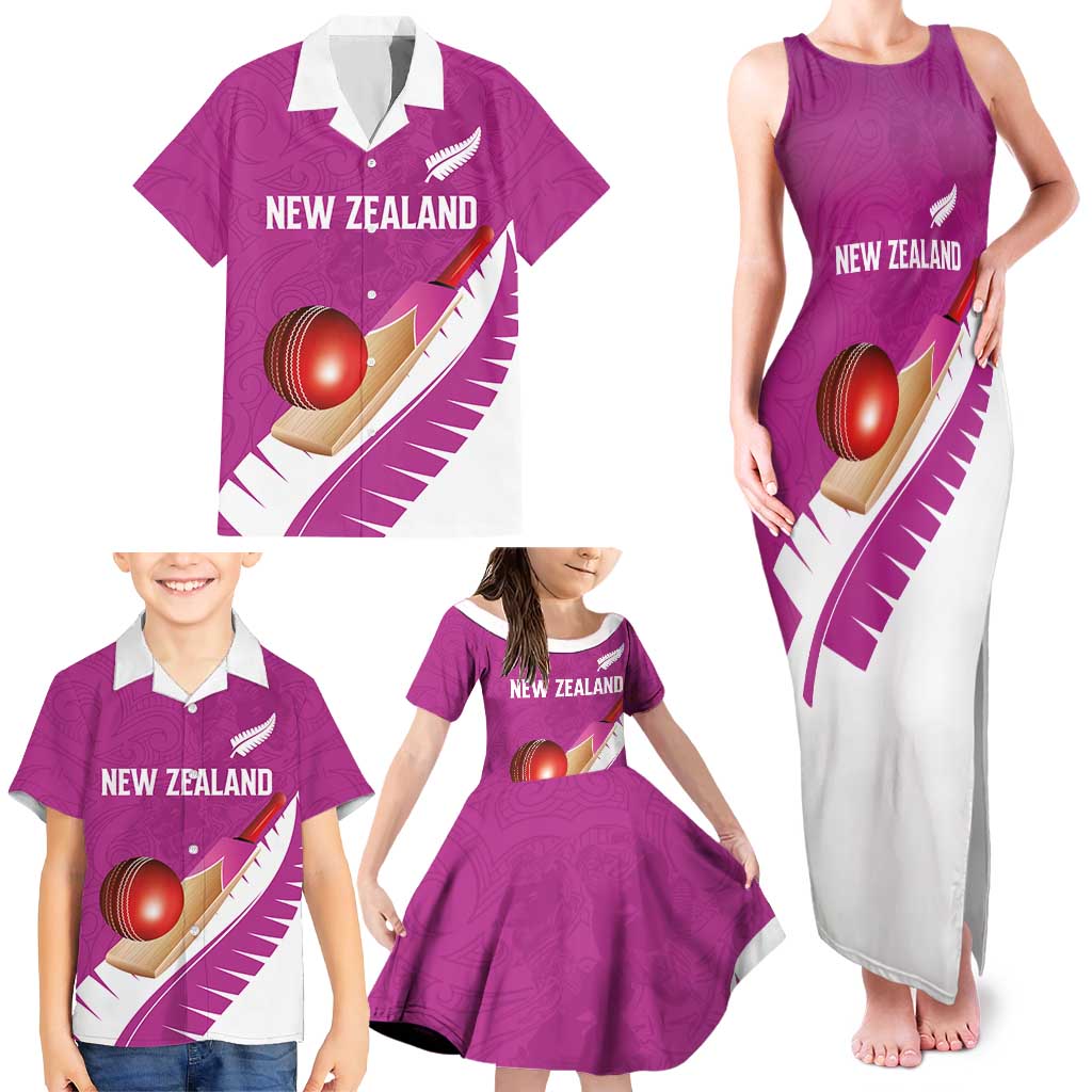 Custom New Zealand Cricket Family Matching Tank Maxi Dress and Hawaiian Shirt Kiwi Birds Haka Dance Pink Fern Sporty Style LT03 - Polynesian Pride