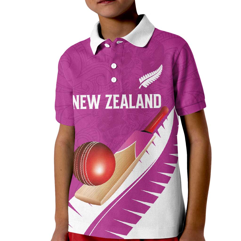 Custom New Zealand Cricket Kid Polo Shirt Kiwi Birds Haka Dance Pink Fern Sporty Style