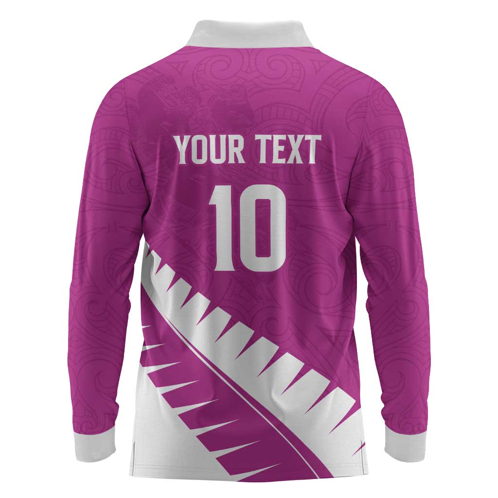 Custom New Zealand Cricket Long Sleeve Polo Shirt Kiwi Birds Haka Dance Pink Fern Sporty Style