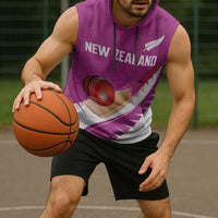Custom New Zealand Cricket Sleeveless Hoodie Kiwi Birds Haka Dance Pink Fern Sporty Style