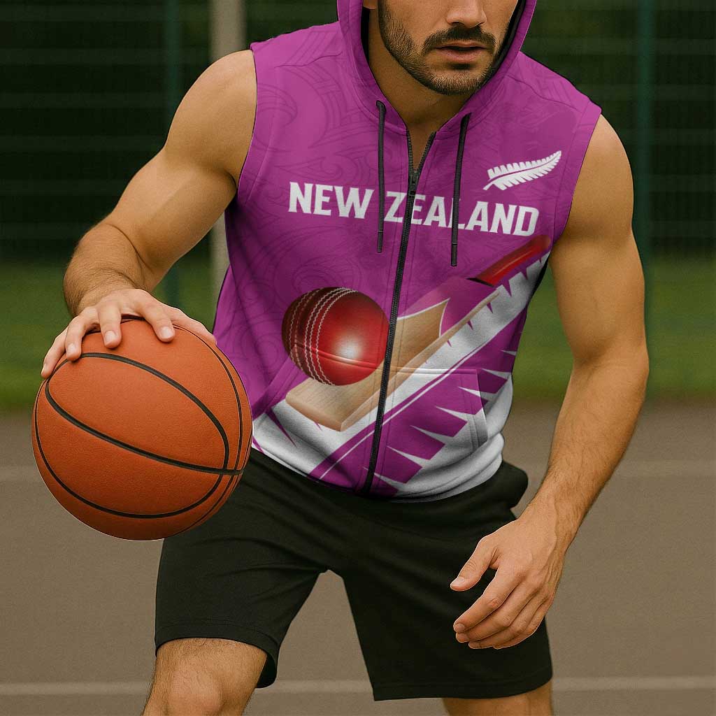 Custom New Zealand Cricket Sleeveless Zip Hoodie Kiwi Birds Haka Dance Pink Fern Sporty Style