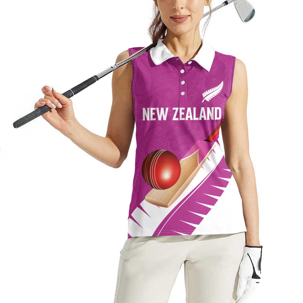 Custom New Zealand Cricket Women Sleeveless Polo Shirt Kiwi Birds Haka Dance Pink Fern Sporty Style