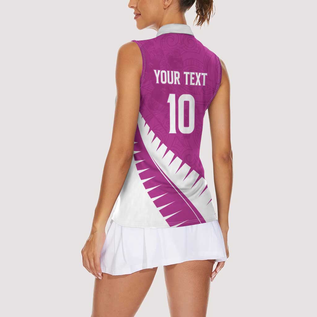 Custom New Zealand Cricket Women Sleeveless Polo Shirt Kiwi Birds Haka Dance Pink Fern Sporty Style