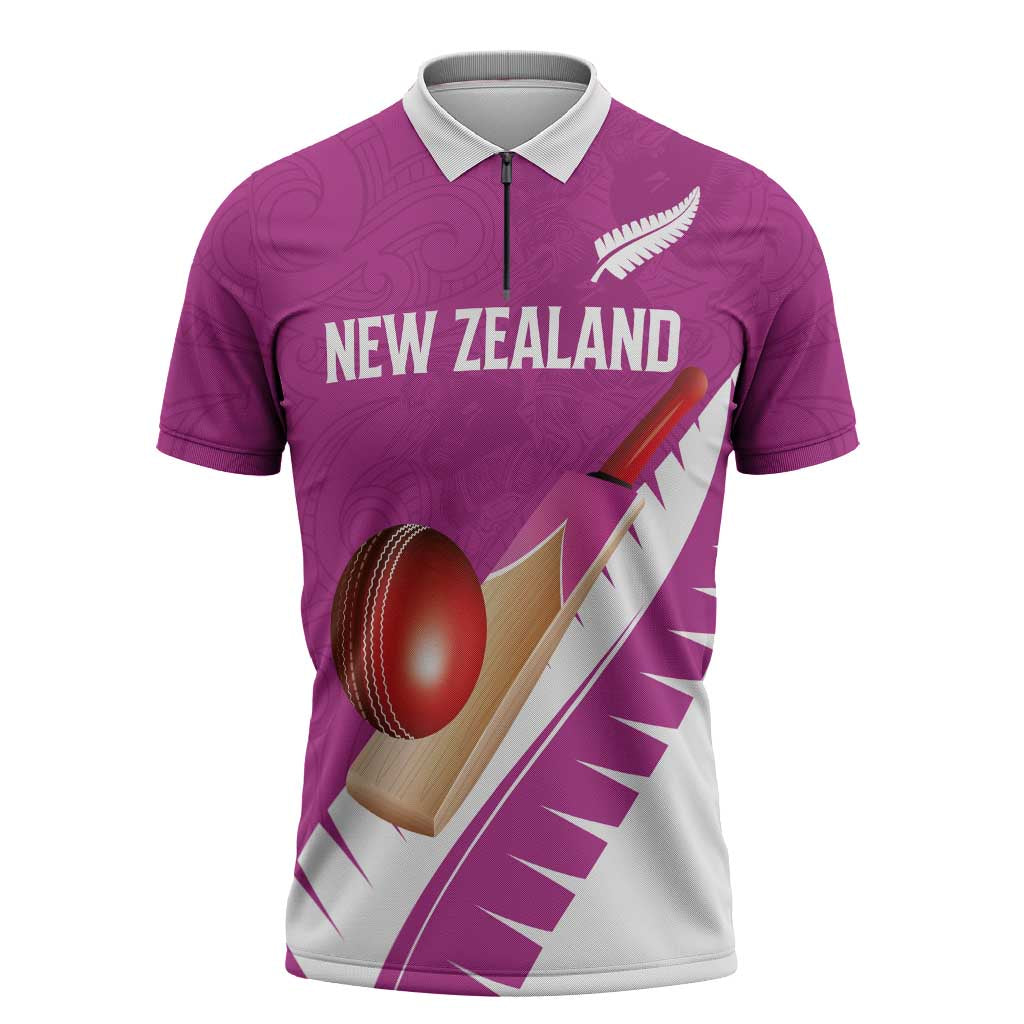 Custom New Zealand Cricket Zipper Polo Shirt Kiwi Birds Haka Dance Pink Fern Sporty Style