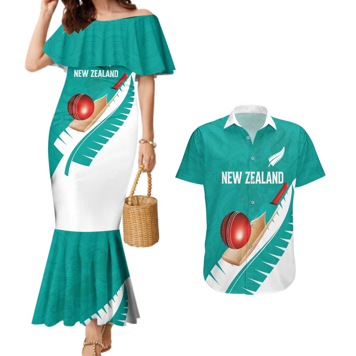 Custom New Zealand Cricket Couples Matching Mermaid Dress and Hawaiian Shirt Kiwi Birds Haka Dance Turquoise Fern Sporty Style LT03 Turquoise - Polynesian Pride
