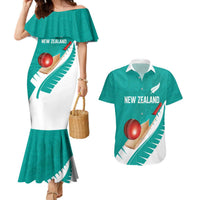 Custom New Zealand Cricket Couples Matching Mermaid Dress and Hawaiian Shirt Kiwi Birds Haka Dance Turquoise Fern Sporty Style LT03 Turquoise - Polynesian Pride