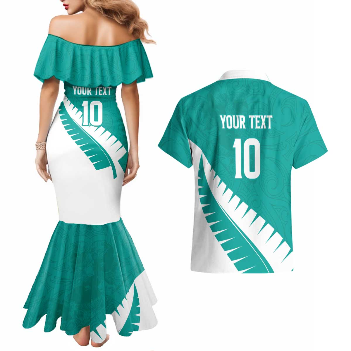 Custom New Zealand Cricket Couples Matching Mermaid Dress and Hawaiian Shirt Kiwi Birds Haka Dance Turquoise Fern Sporty Style LT03 - Polynesian Pride