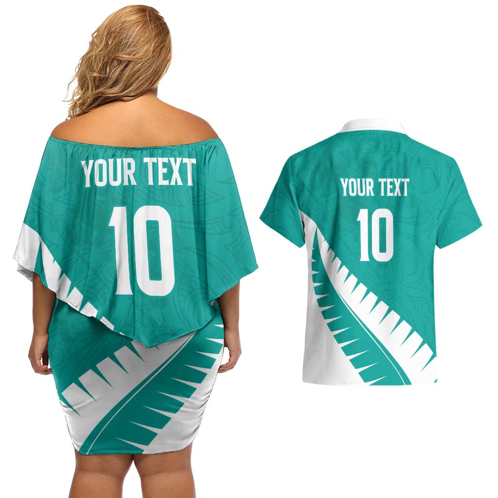 Custom New Zealand Cricket Couples Matching Off Shoulder Short Dress and Hawaiian Shirt Kiwi Birds Haka Dance Turquoise Fern Sporty Style