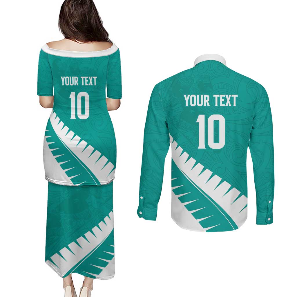 Custom New Zealand Cricket Couples Matching Puletasi and Long Sleeve Button Shirt Kiwi Birds Haka Dance Turquoise Fern Sporty Style