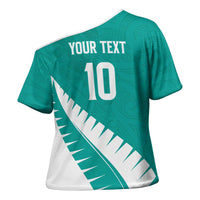Custom New Zealand Cricket Cross Shoulder Shirt Kiwi Birds Haka Dance Turquoise Fern Sporty Style