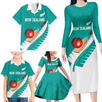 Custom New Zealand Cricket Family Matching Long Sleeve Bodycon Dress and Hawaiian Shirt Kiwi Birds Haka Dance Turquoise Fern Sporty Style