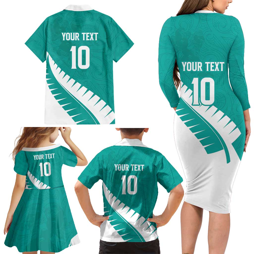 Custom New Zealand Cricket Family Matching Long Sleeve Bodycon Dress and Hawaiian Shirt Kiwi Birds Haka Dance Turquoise Fern Sporty Style