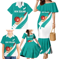 Custom New Zealand Cricket Family Matching Mermaid Dress and Hawaiian Shirt Kiwi Birds Haka Dance Turquoise Fern Sporty Style