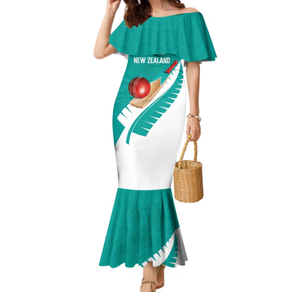 Custom New Zealand Cricket Family Matching Mermaid Dress and Hawaiian Shirt Kiwi Birds Haka Dance Turquoise Fern Sporty Style