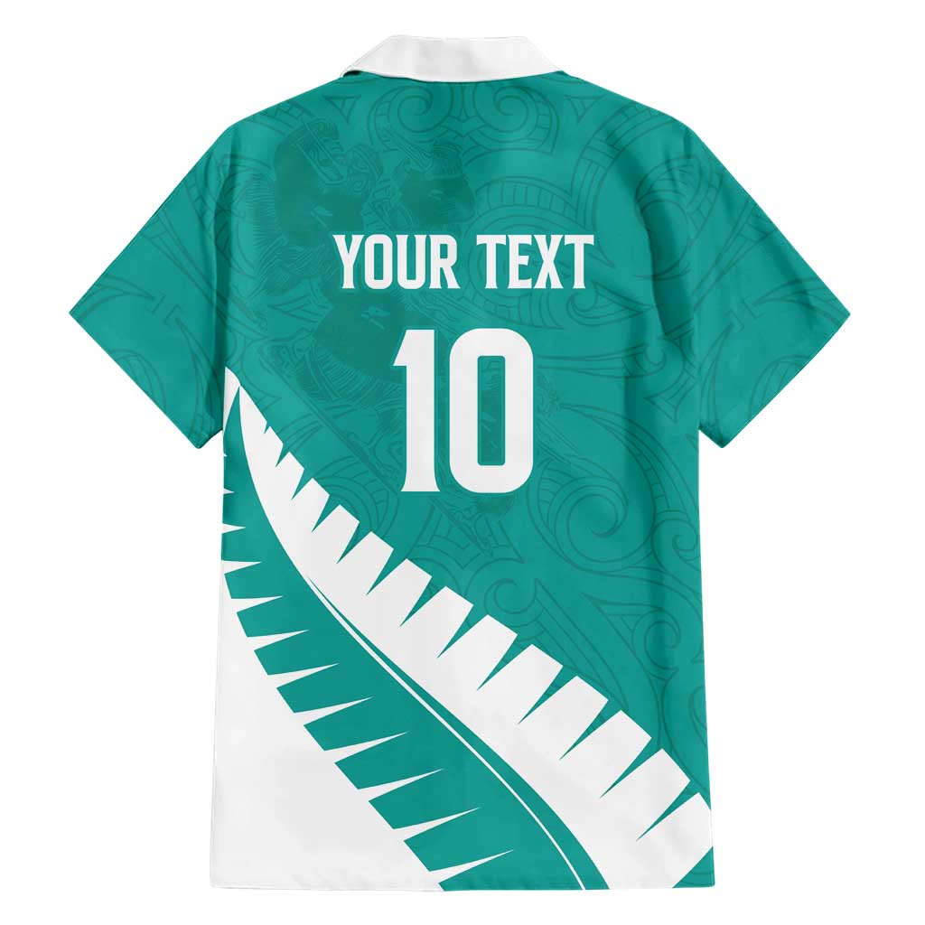Custom New Zealand Cricket Family Matching Off Shoulder Short Dress and Hawaiian Shirt Kiwi Birds Haka Dance Turquoise Fern Sporty Style