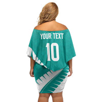 Custom New Zealand Cricket Family Matching Off Shoulder Short Dress and Hawaiian Shirt Kiwi Birds Haka Dance Turquoise Fern Sporty Style