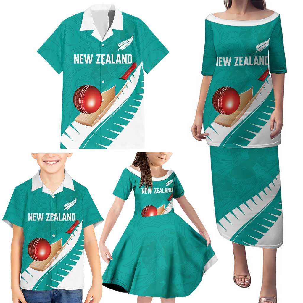 Custom New Zealand Cricket Family Matching Puletasi and Hawaiian Shirt Kiwi Birds Haka Dance Turquoise Fern Sporty Style