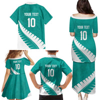 Custom New Zealand Cricket Family Matching Puletasi and Hawaiian Shirt Kiwi Birds Haka Dance Turquoise Fern Sporty Style