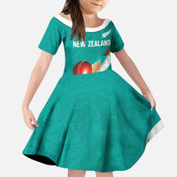 Custom New Zealand Cricket Family Matching Short Sleeve Bodycon Dress and Hawaiian Shirt Kiwi Birds Haka Dance Turquoise Fern Sporty Style