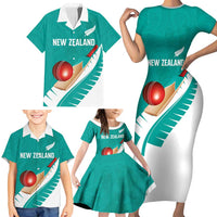 Custom New Zealand Cricket Family Matching Short Sleeve Bodycon Dress and Hawaiian Shirt Kiwi Birds Haka Dance Turquoise Fern Sporty Style