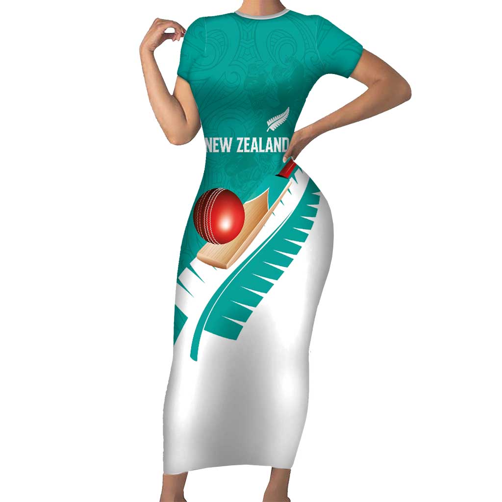 Custom New Zealand Cricket Family Matching Short Sleeve Bodycon Dress and Hawaiian Shirt Kiwi Birds Haka Dance Turquoise Fern Sporty Style