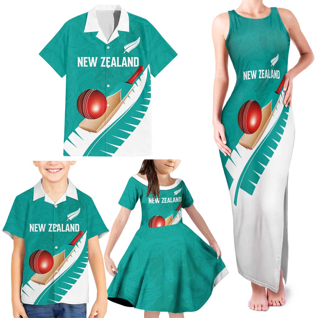 Custom New Zealand Cricket Family Matching Tank Maxi Dress and Hawaiian Shirt Kiwi Birds Haka Dance Turquoise Fern Sporty Style