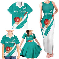 Custom New Zealand Cricket Family Matching Tank Maxi Dress and Hawaiian Shirt Kiwi Birds Haka Dance Turquoise Fern Sporty Style