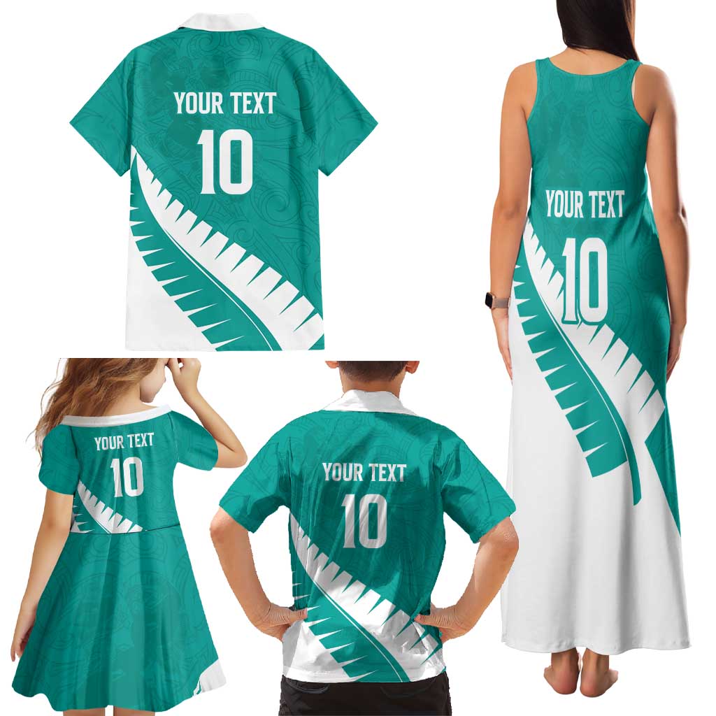 Custom New Zealand Cricket Family Matching Tank Maxi Dress and Hawaiian Shirt Kiwi Birds Haka Dance Turquoise Fern Sporty Style