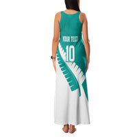 Custom New Zealand Cricket Family Matching Tank Maxi Dress and Hawaiian Shirt Kiwi Birds Haka Dance Turquoise Fern Sporty Style