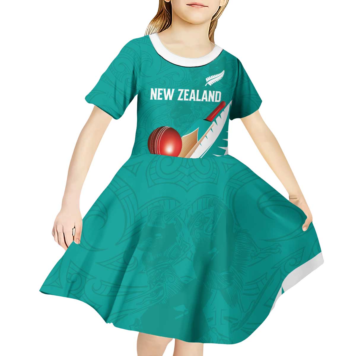 Custom New Zealand Cricket Kid Short Sleeve Dress Kiwi Birds Haka Dance Turquoise Fern Sporty Style