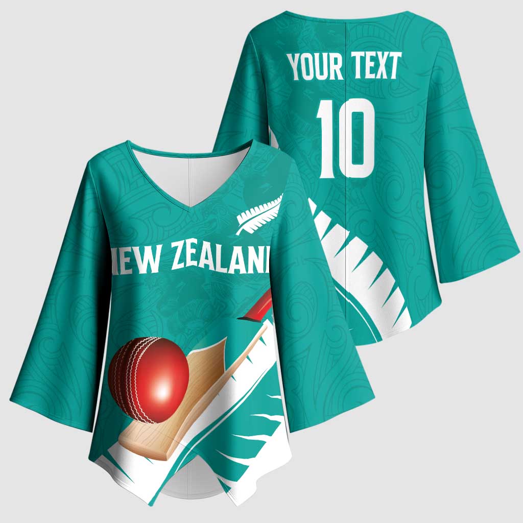 Custom New Zealand Cricket Kimono Sleeve Blouse Kiwi Birds Haka Dance Turquoise Fern Sporty Style