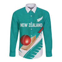 Custom New Zealand Cricket Long Sleeve Button Shirt Kiwi Birds Haka Dance Turquoise Fern Sporty Style