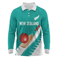 Custom New Zealand Cricket Long Sleeve Polo Shirt Kiwi Birds Haka Dance Turquoise Fern Sporty Style
