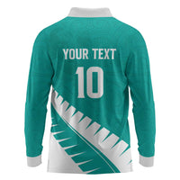 Custom New Zealand Cricket Long Sleeve Polo Shirt Kiwi Birds Haka Dance Turquoise Fern Sporty Style
