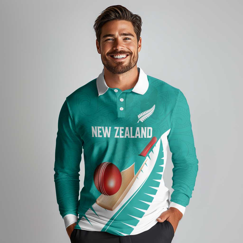 Custom New Zealand Cricket Long Sleeve Polo Shirt Kiwi Birds Haka Dance Turquoise Fern Sporty Style