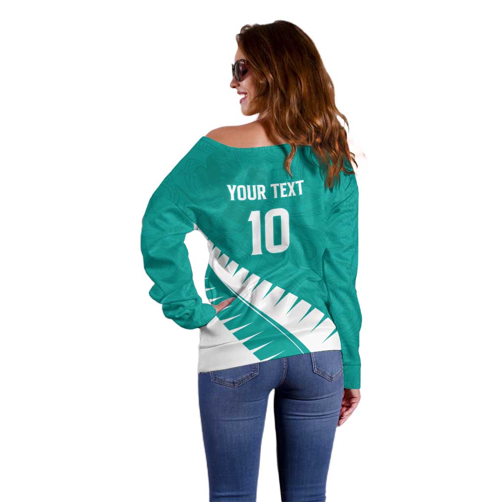 Custom New Zealand Cricket Off Shoulder Sweater Kiwi Birds Haka Dance Turquoise Fern Sporty Style