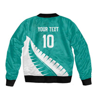 Custom New Zealand Cricket Sleeve Zip Bomber Jacket Kiwi Birds Haka Dance Turquoise Fern Sporty Style