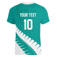 Custom New Zealand Cricket Women V-Neck T-Shirt Kiwi Birds Haka Dance Turquoise Fern Sporty Style