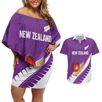Custom New Zealand Cricket Couples Matching Off Shoulder Short Dress and Hawaiian Shirt Kiwi Birds Haka Dance Purple Fern Sporty Style LT03 Purple - Polynesian Pride