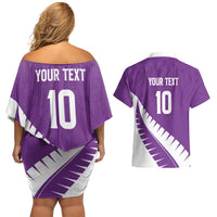 Custom New Zealand Cricket Couples Matching Off Shoulder Short Dress and Hawaiian Shirt Kiwi Birds Haka Dance Purple Fern Sporty Style LT03 - Polynesian Pride