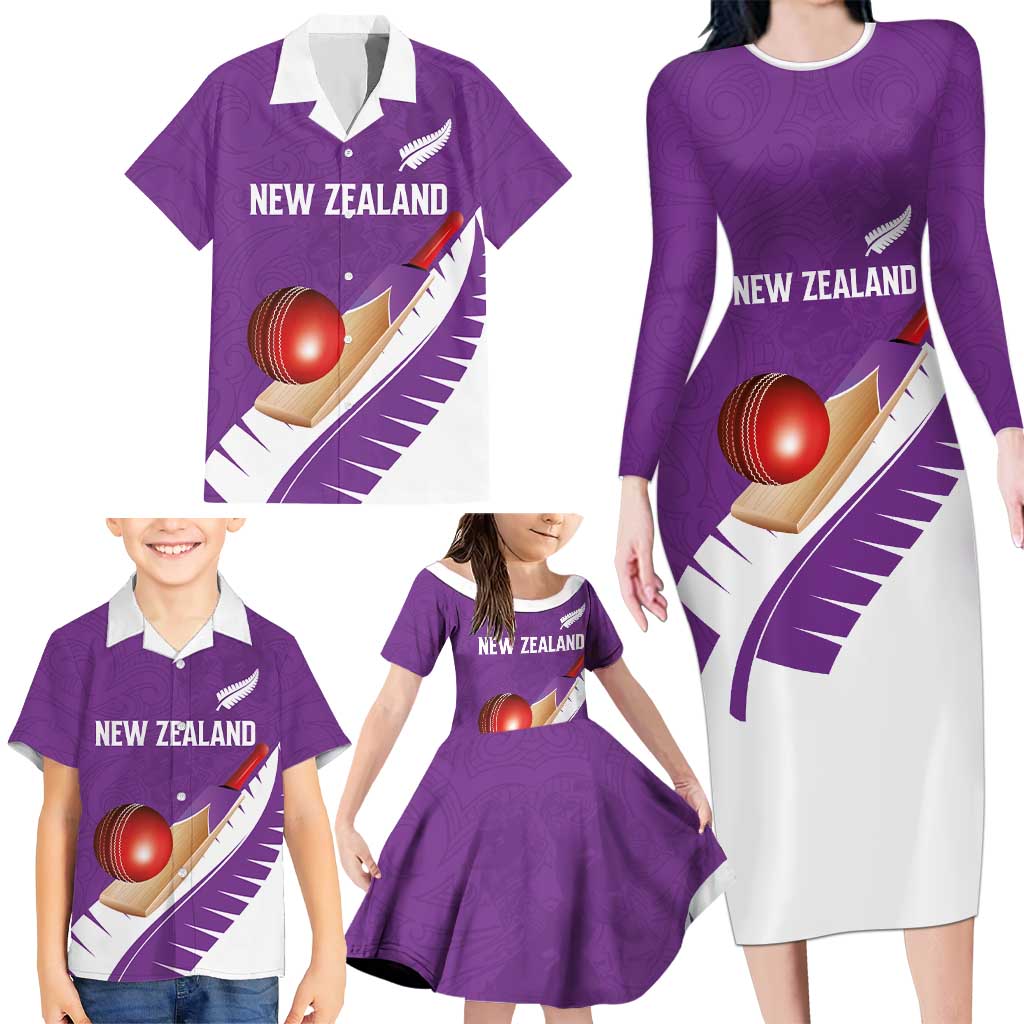 Custom New Zealand Cricket Family Matching Long Sleeve Bodycon Dress and Hawaiian Shirt Kiwi Birds Haka Dance Purple Fern Sporty Style LT03 - Polynesian Pride
