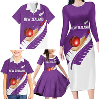 Custom New Zealand Cricket Family Matching Long Sleeve Bodycon Dress and Hawaiian Shirt Kiwi Birds Haka Dance Purple Fern Sporty Style LT03 - Polynesian Pride