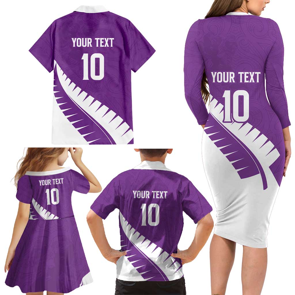 Custom New Zealand Cricket Family Matching Long Sleeve Bodycon Dress and Hawaiian Shirt Kiwi Birds Haka Dance Purple Fern Sporty Style LT03 - Polynesian Pride
