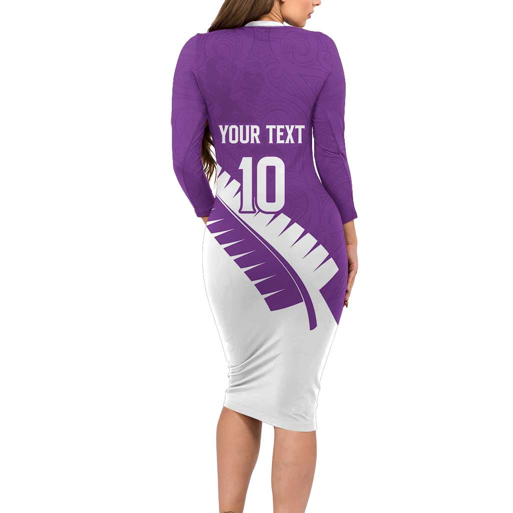 Custom New Zealand Cricket Family Matching Long Sleeve Bodycon Dress and Hawaiian Shirt Kiwi Birds Haka Dance Purple Fern Sporty Style LT03 - Polynesian Pride