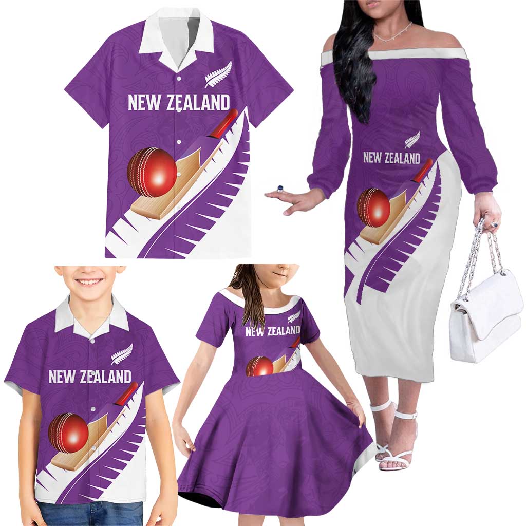 Custom New Zealand Cricket Family Matching Off The Shoulder Long Sleeve Dress and Hawaiian Shirt Kiwi Birds Haka Dance Purple Fern Sporty Style LT03 - Polynesian Pride