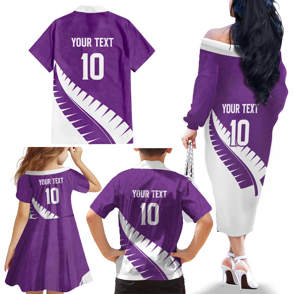 Custom New Zealand Cricket Family Matching Off The Shoulder Long Sleeve Dress and Hawaiian Shirt Kiwi Birds Haka Dance Purple Fern Sporty Style LT03 - Polynesian Pride