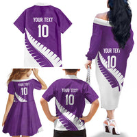 Custom New Zealand Cricket Family Matching Off The Shoulder Long Sleeve Dress and Hawaiian Shirt Kiwi Birds Haka Dance Purple Fern Sporty Style LT03 - Polynesian Pride